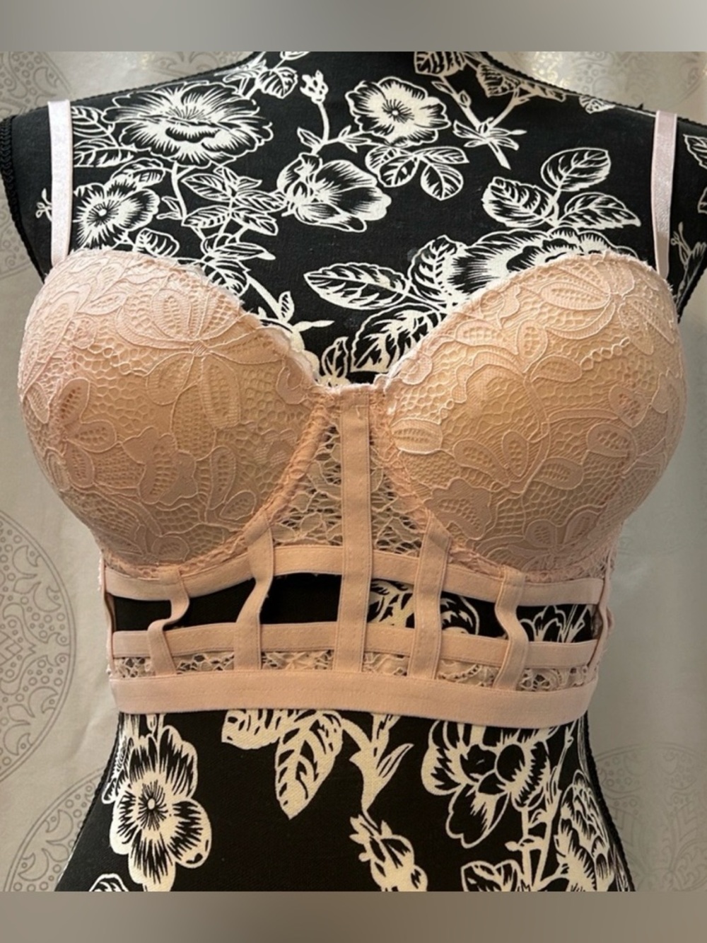 Jezebel Lace Longline Push-up Padded Bustier Corset Bra in Light Pink 36B